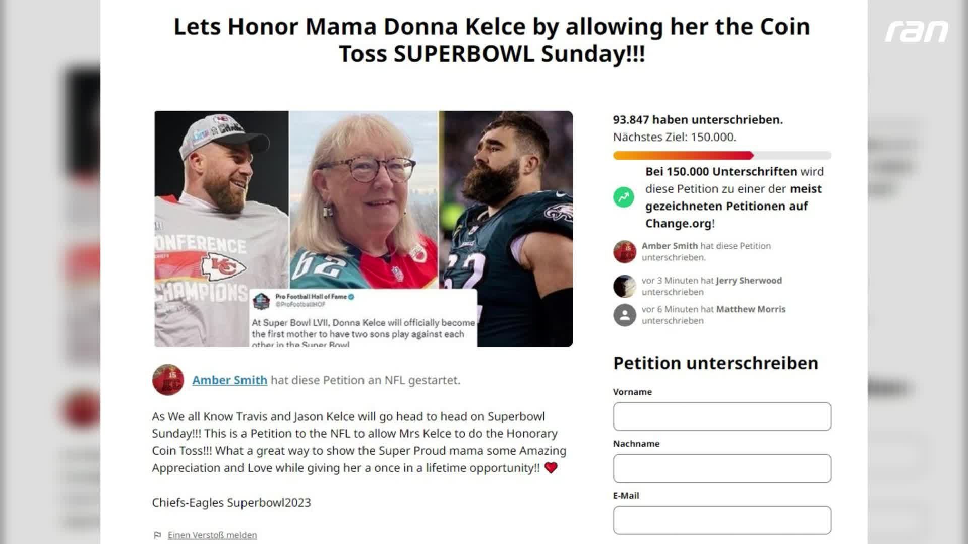 Petition · Lets Honor Mama Donna Kelce by allowing her the Coin Toss  SUPERBOWL Sunday!!! ·