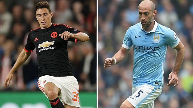 
                <strong>Rechter Außenverteidiger: Matteo Darmian vs. Pablo Zabaleta</strong><br>
                Rechter Außenverteidiger: Matteo Darmian vs. Pablo Zabaleta. Der Italiener (li.) steht vor dieser Saison auch bei Bayern München auf dem Einkaufszettel, doch letztlich bekommt United den Zuschlag. Im Gegensatz zum zwischenzeitlich am Knie verletzten Zabaleta steht Darmian in jedem Ligaspiel auf dem Platz und sorgt in diesem Duell für das 2:0 der Gastgeber.
              