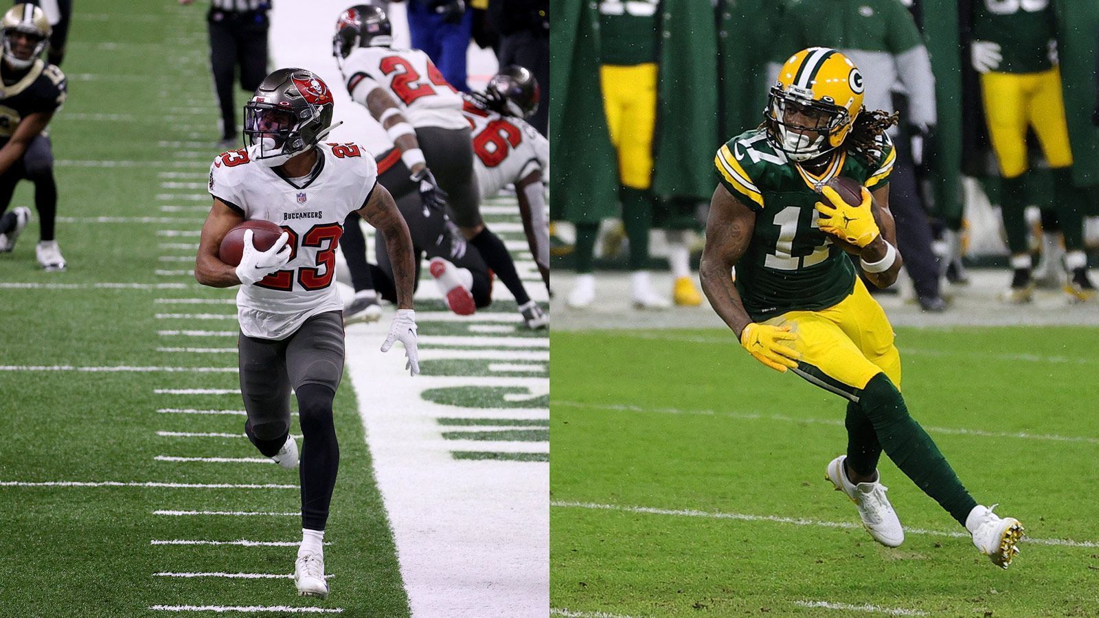 
                <strong>Buccaneers at Packers: Buccaneers-Secondary vs. Davante Adams</strong><br>
                Während die Buccaneers auf ein solides Laufspiel setzen können, verlassen sich die Packers lieber auf das beste Quarterback-Receiver-Duo der Liga. Davante Adams (li.) ist seit Jahren die unumstrittene Nummer eins im Passspiel des Klubs und bewies in der vergangenen Woche gegen Jalen Ramsey, dass selbst die besten Passverteidiger kaum Land gegen ihn sehen. Gegen Tampa Bay bekommt es Adams mit einer jungen und talentierten, aber auch sehr unerfahrenen Secondary zu tun, die sich durch einige Stellungsfehler immer wieder angreifbar macht. Mit 61 Yards blieb Adams beim letzten Aufeinandertreffen mit Antoine Winfield und Co. vergleichsweise unauffällig, allerdings wird der mehrmalige Pro Bowler alles daran setzen, seine gute Form zu bestätigen.
              