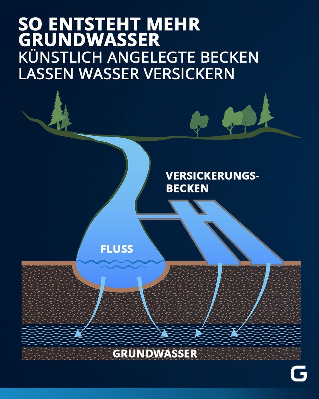 Mit Hilfe von Versickerungsbecken wird Grundwasser nahe einem Fluss natürlich angereichert.
