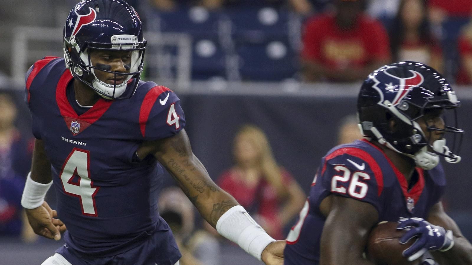 
                <strong>Houston Texans</strong><br>
                Quarterback (3): Joe Webb, Brandon Weeden, Deshaun WatsonRunning Back (4): Buddy Howell, Alfred Blue, Tyler Ervin, Lamar MillerWide Receiver (6): Keke Coutee, Bruce Ellington, Vyncint Smith, Sammie Coates Jr., DeAndre Hopkins, Will Fuller VTight End (3): Jordan Akins, Jordan Thomas, Ryan GriffinOffensive Line (8): Nick Martin, Greg Mancz, Zach Fulton, Senio Kelemete, Martinas Rankin, Seantrel Henderson, Kendall Lamm, Julie'n DavenportDefensive Line (8): Christian Covington, Angelo Blackson, J.J. Watt, Carlos Watkins, Joel Heath, Jadeveon Clowney, D.J. Reader, Brandon DunnLinebacker (8): Brian Peters, Dylan Cole, Benardrick McKinney, Zach Cunningham, Duke Ejiofor, Peter Kalambayi, Brennan Scarlett, Whitney MercilusSecondary (10): Natrell Jamerson, Kayvon Webster, Kevin Johnson, Johnson Bademosi, Johnathan Joseph, Aaron Colvin, A.J. Moore, Tyrann Mathieu, Justin Reid, Kareem JacksonSpecialists (3): Ka'imi Fairbairn, Jon Weeks, Trevor Daniel
              