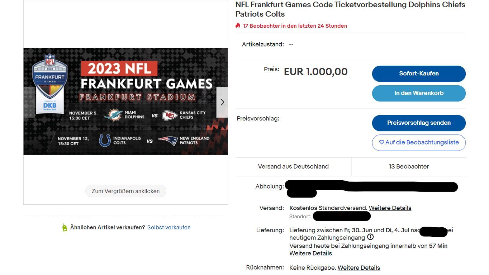 
                <strong>Der Ticket-CODE für 1.000 Euro?!</strong><br>
                Noch frecher ist allerdings dieses Angebot. Hier werden für stattliche 1.000 Euro nicht etwa Tickets verkauft, sondern lediglich der Zugangscode für den Verkauf.
              