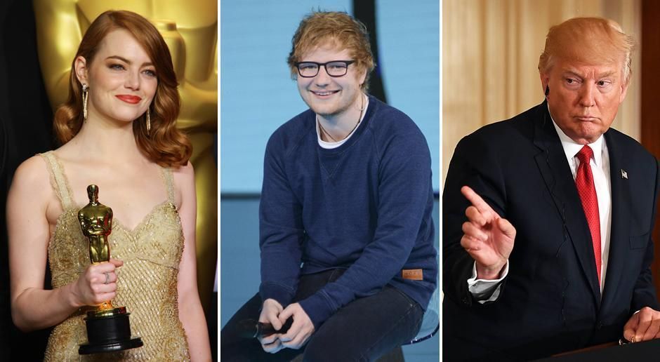 
                <strong>Emma Stone, Ed Sheeran und Donald Trump</strong><br>
                Zu den 100 einflussreichsten Menschen des vergangenen Jahres zählen unter anderem auch Oscar-Gewinnerin Emma Stone (li.), Musik-Star Ed Sheeran (Mitte) und US-Präsident Donald Trump (re.). Neben dem mächtigsten Mann der Welt fehlt allerdings Angela Merkel in der Liste, die Kanzlerin hat es nicht mehr unter die Top 100 geschafft. Stattdessen ist der Einfluss des russischen Staatsoberhaupts Wladimir Putin und der britischen Premierministerin Theresa May gestiegen. Auch der türkische Staatspräsident Recep Tayyip Erdogan ist mit dabei.
              