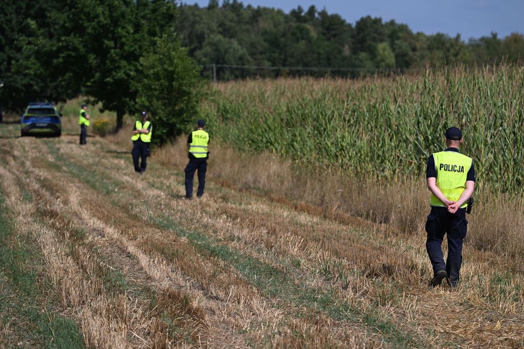Die polnische Polizei sichert das Gebiet eines Maisfeldes in Osiny im Osten des Landes, in das eine Drohne gestürzt ist.