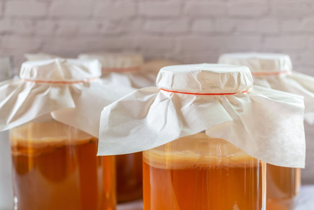 Kombucha, ein spritziges Erfrischungsgetränk, wird durch Fermentierung mit Hilfe eines Teepilzes hergestellt. Diese gallertartige Masse nennt man Scoby ("symbiotic culture of bacteria and yeast").