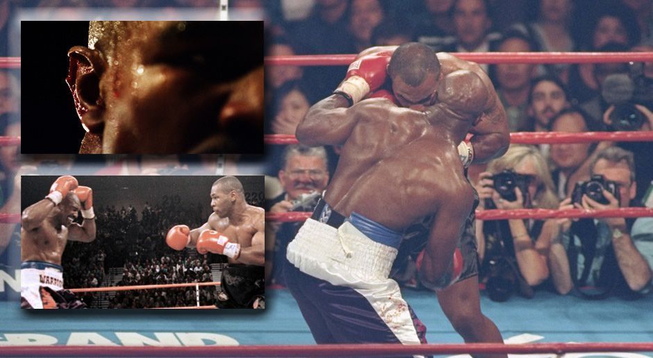 
                <strong>Mike Tyson</strong><br>
                Daraufhin folgten die wohl legendärsten Kämpfe in Tysons Karriere. Zunächst verlor "Iron Mike" im November 1996 seinen Titel gegen Evander Holyfield, nachdem er in der elften Runde aus dem Kampf genommen wurde. Im Rückkampf im Juni 1997 biss Tyson Holyfield dann ein Stück des rechten Ohres ab und sorgte für einen der größten Skandale in der Boxgeschichte. Tyson musste drei Millionen Dollar Strafe zahlen und bekam seine Box-Lizenz entzogen.
              