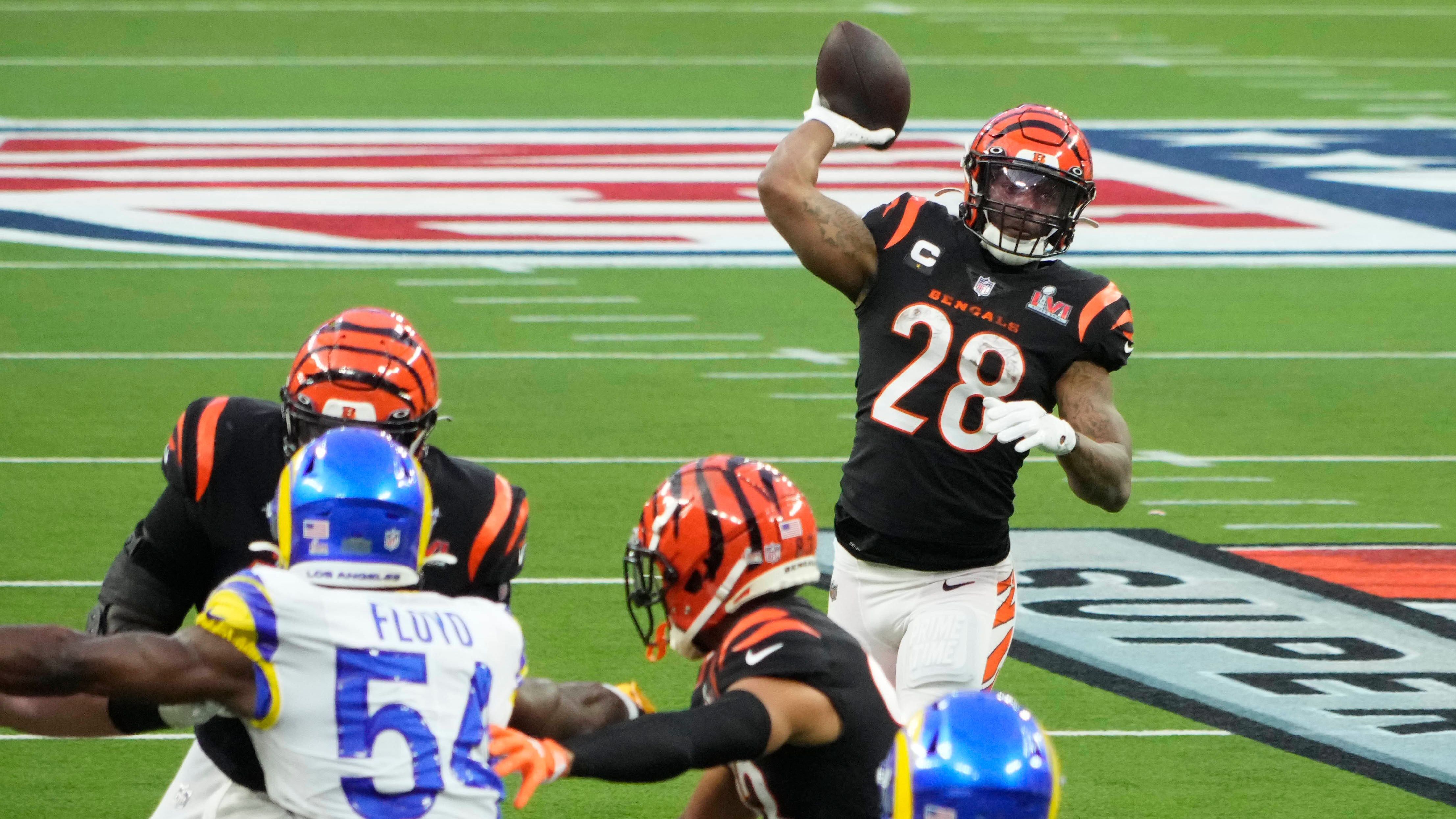 <strong>Joe Mixon (Cincinnati Bengals)</strong><br>Position: Wide Receiver<br>Jahr: 2022 (Super Bowl)<br>Gegner: Los Angeles Rams