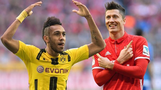 
                <strong>30-Tore-Marke: Aubameyang und Lewandowski auf Kurs</strong><br>
                Kommen Pierre-Emericka Aubameyang (li., Borussia Dortmund) und Robert Lewandowski (re., FC Bayern München) beide auf 30 Tore und werden gemeinsam Torschützenkönig, wäre es das erste Mal seit 1974, dass zwei Spieler mit über 30 Toren gemeinsam Torschützenkönig werden würden. Damals wurden Gerd Müller (FC Bayern München) und Jupp Heynckes (Borussia Mönchengladbach) mit je 30 Treffern gemeinsam Bundesliga-Torschützenkönige.
              