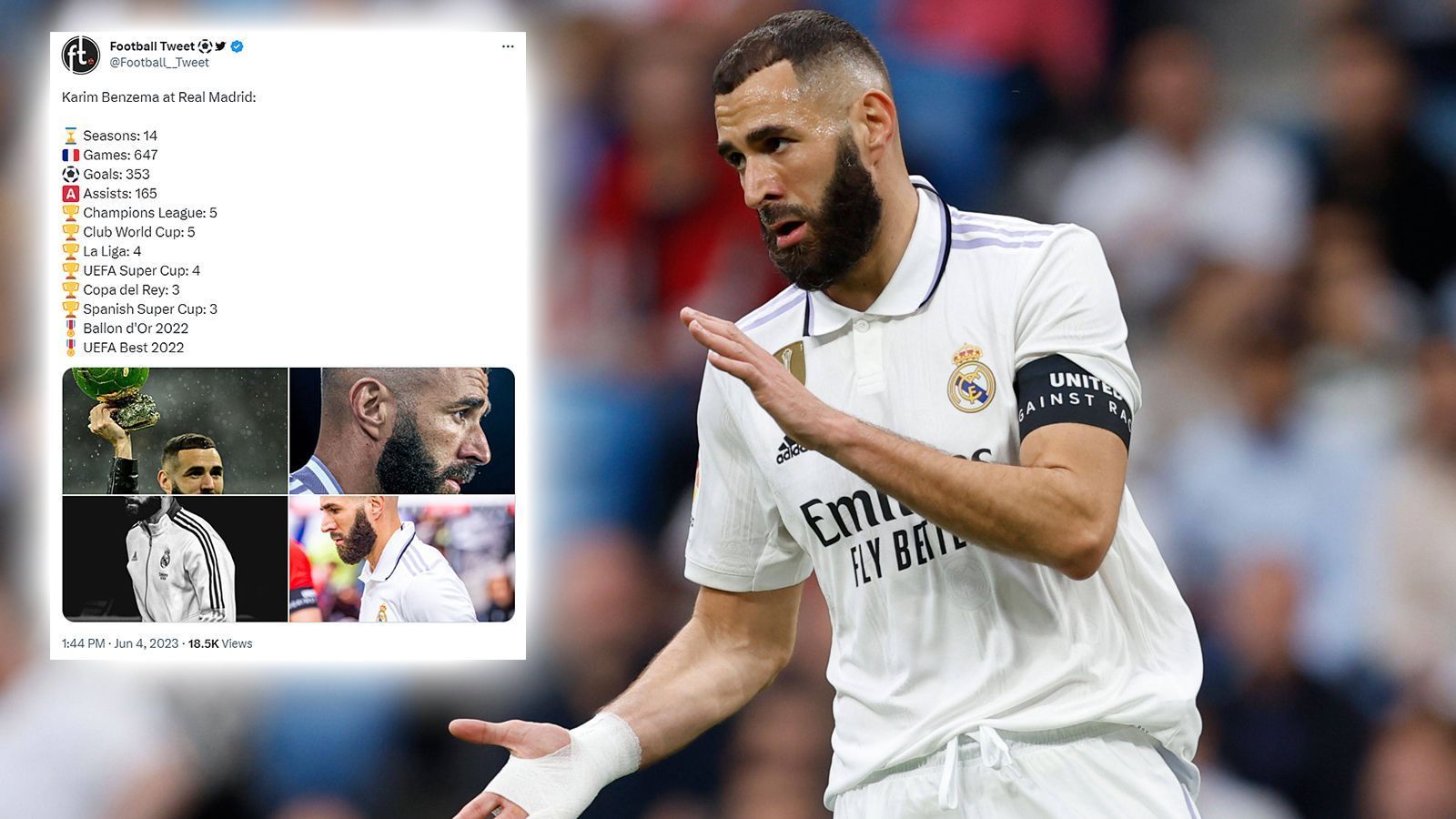 
                <strong>Netzreaktionen zu Karim Benzemas Real-Abschied</strong><br>
                Die Titelsammlung zum Ende der 14 Jahre langen Benzema-Ära bei Real Madrid liest sich beachtlich. Alleine die Champions League gewann der Stürmerstar mit den "Königlichen" fünf Mal. 
              