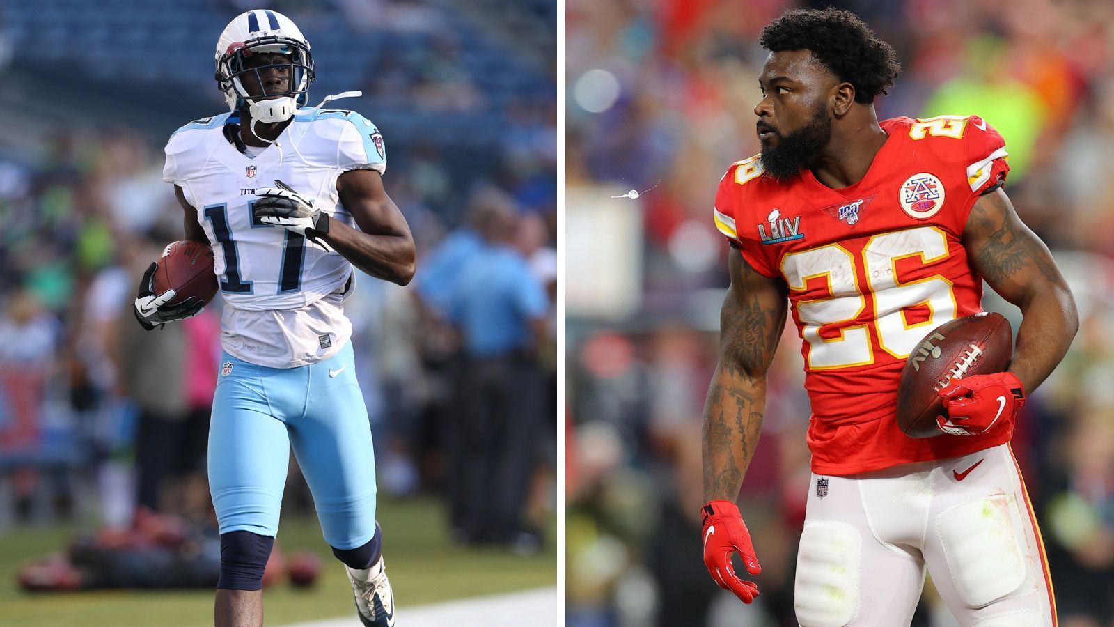 
                <strong>Damien Williams und Damian Williams </strong><br>
                Links: Damian Williams - Bis 2014 Wide Receiver der St. Louis Rams - Rechts: Damien Williams - Running Back der Kansas City Chiefs - Fun Fact: 2014 waren sie gemeinsam für die Miami Dolphins aktiv.
              