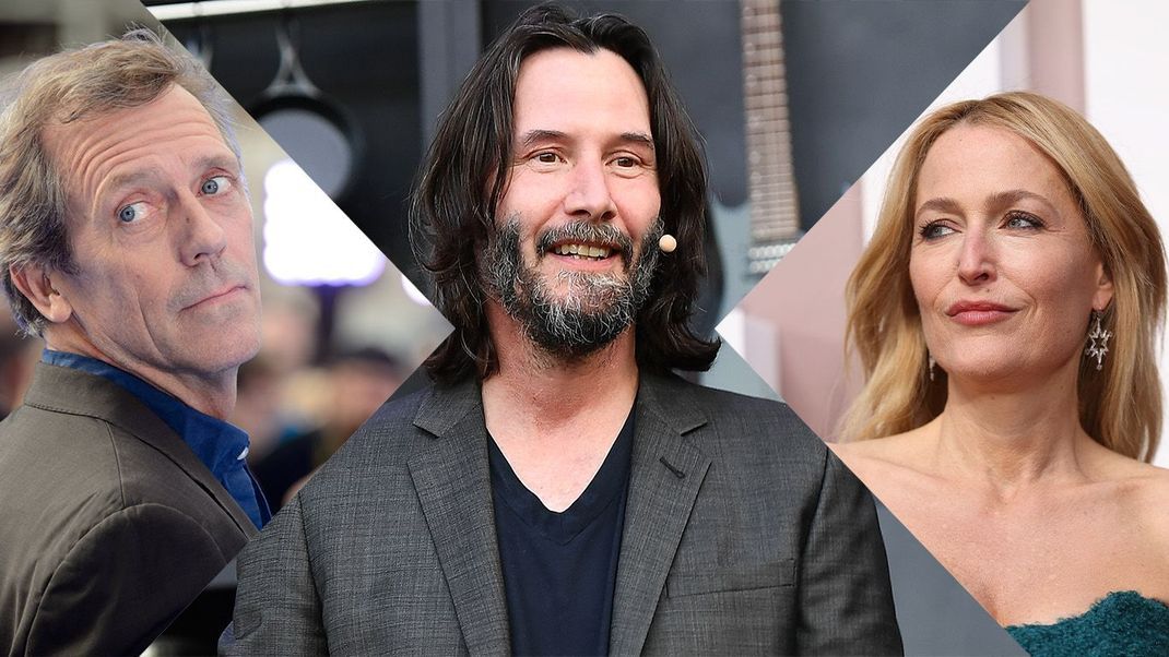 Hugh Laurie (rechts), Keanu Reeves und Gillian Anderson sind nur einige der Schauspieler:innen, die sich als Romanautor:innen versucht haben.