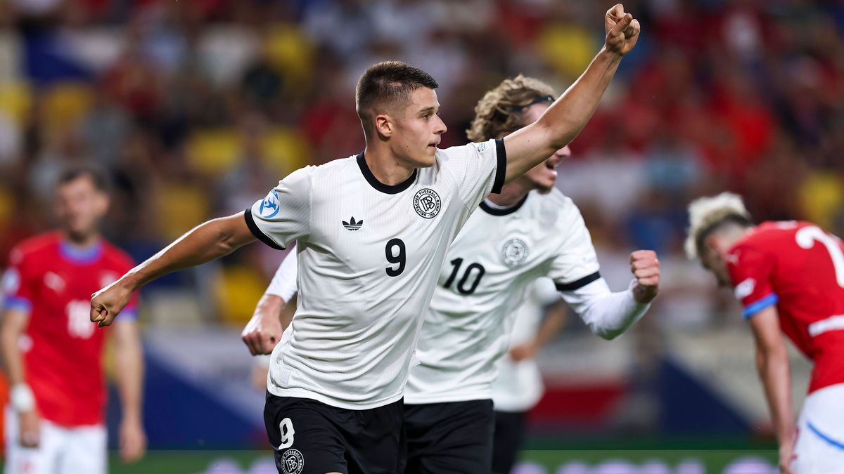 Nicolo Tresoldi (Germany U21, U 21 celebrates after scoring his teams first goal during the UEFA Under 21 Slovakia 2025 match between Czech Republic U21 2-4 Germany U21 at DAC Arena Stadium on June...