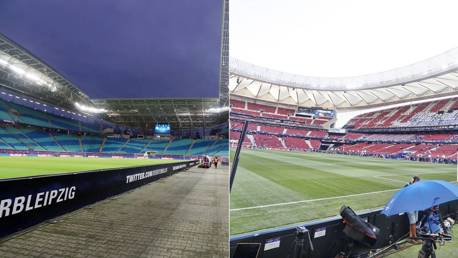
                <strong>Stadion (Kapazität)</strong><br>
                Die Leipziger tragen ihre Heimspiele in der Red Bull Arena (li.) aus. Das Stadion, welches für die WM 2006 errichtet wurde, fasst derzeit 42.146 Zuschauer. Bis ins Jahr 2022 wird die Red Bull Arena in verschiedenen Bereichen um- und ausgebaut. Alleine für die erste Bauphase sollen 60 Millionen Euro an Kosten angefallen sein. Atletico Madrid spielt hingegen seit drei Jahren im neuen "Schmuckkästchen" namens Wanda Metropolitano (re.). Die 2017 eröffnete Arena fasst rund 68.500 Zuschauer. Medienberichten zufolge soll die aktuelle Atletico-Heimstätte etwa 310 Millionen Euro gekostet haben. Von 1966 bis 2017 war das Vicente Calderon die Heimat von Atletico - in diese Arena passten gut 15.000 weniger Fans. 
              