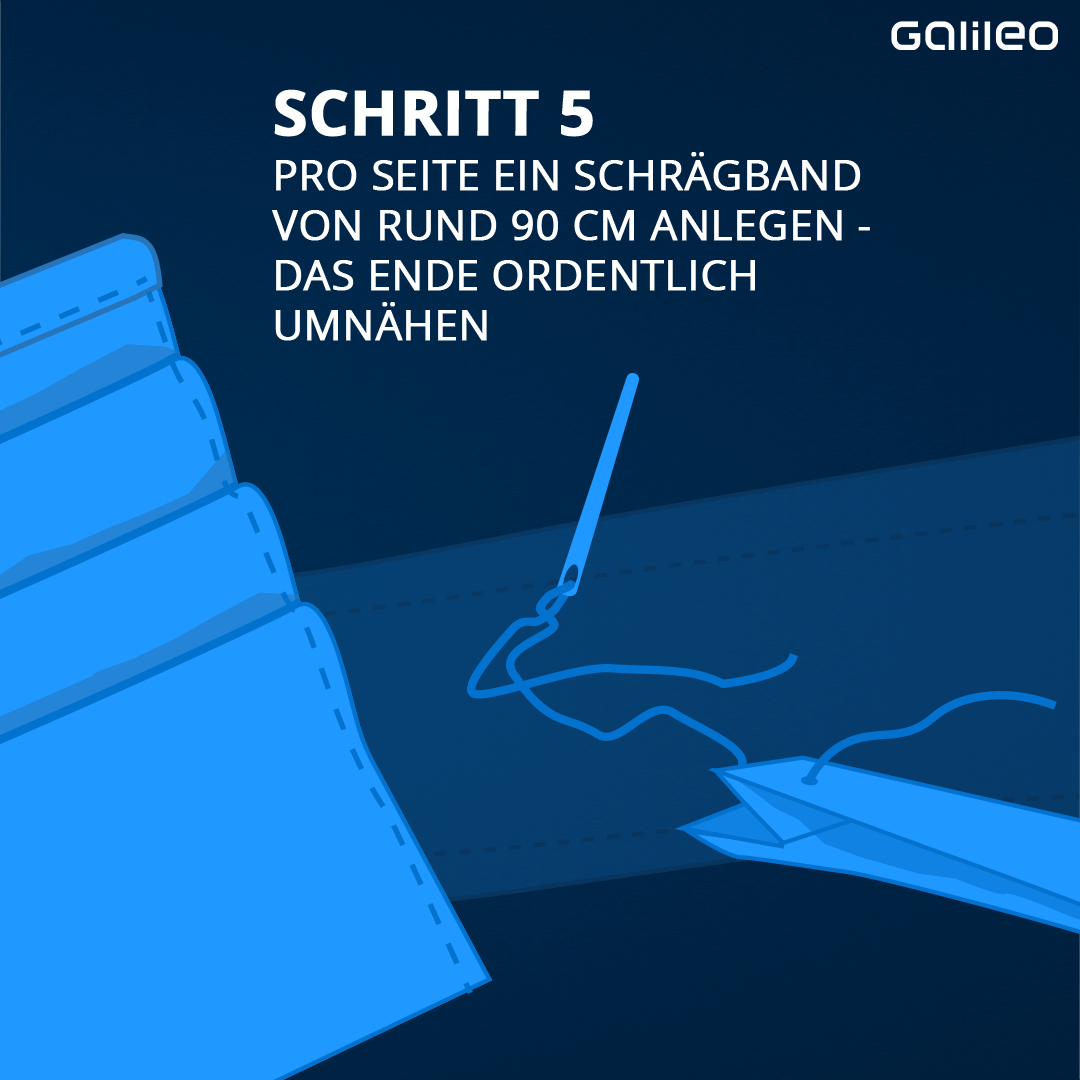 Fast geschafft: Jetzt fehlen nur noch die Bänder. Dafür nähst du pro Seite ein Band von etwa 90 cm an.