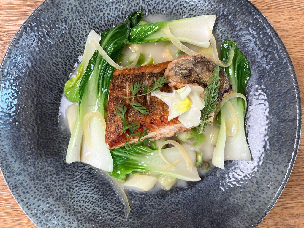 Zander gebraten mit Kartoffel-Spargel-Ragout, Baby-Pak Choi und Salzzitrone