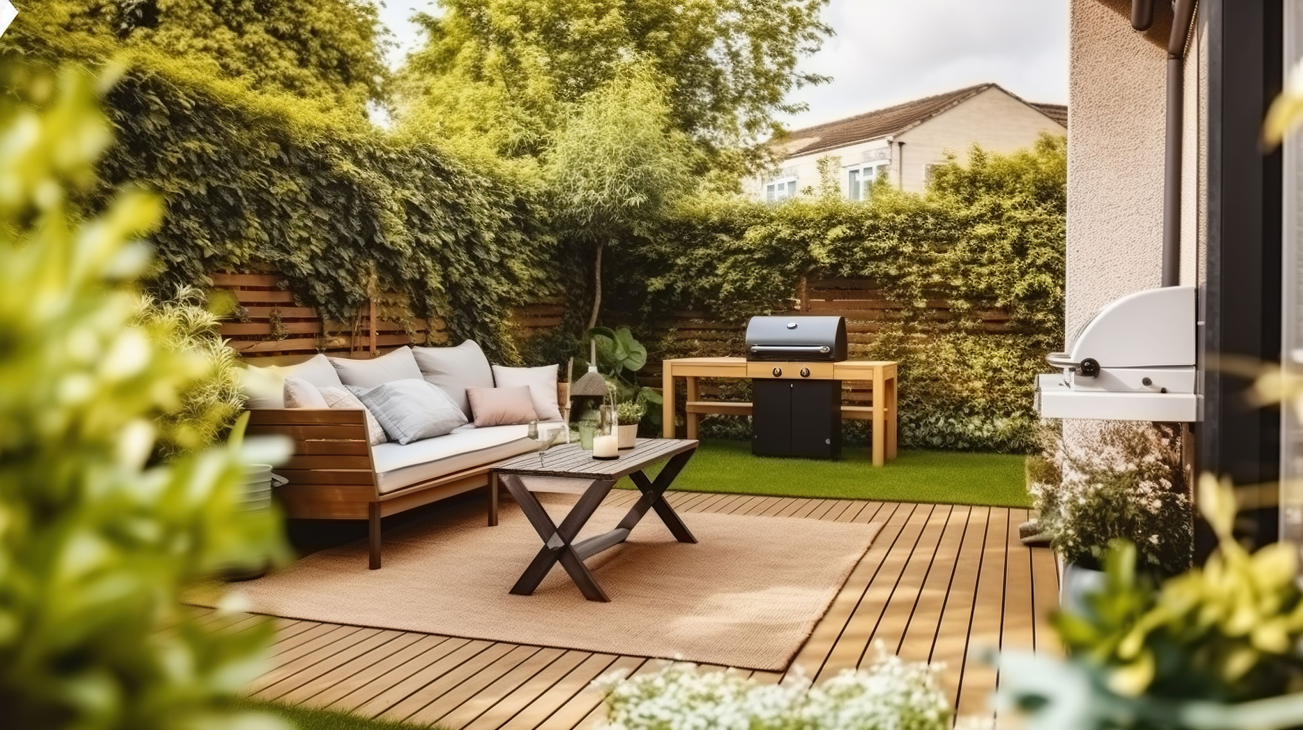 Auch Pflanzen, oder wie in diesem Fall ein begrünter Zaun, sind eine tolle Sichtschutz-Möglichkeit für Ihre Terrasse. Besonders pflegeleicht sind immergrüne Kletterpflanzen wie Efeu..&nbsp;