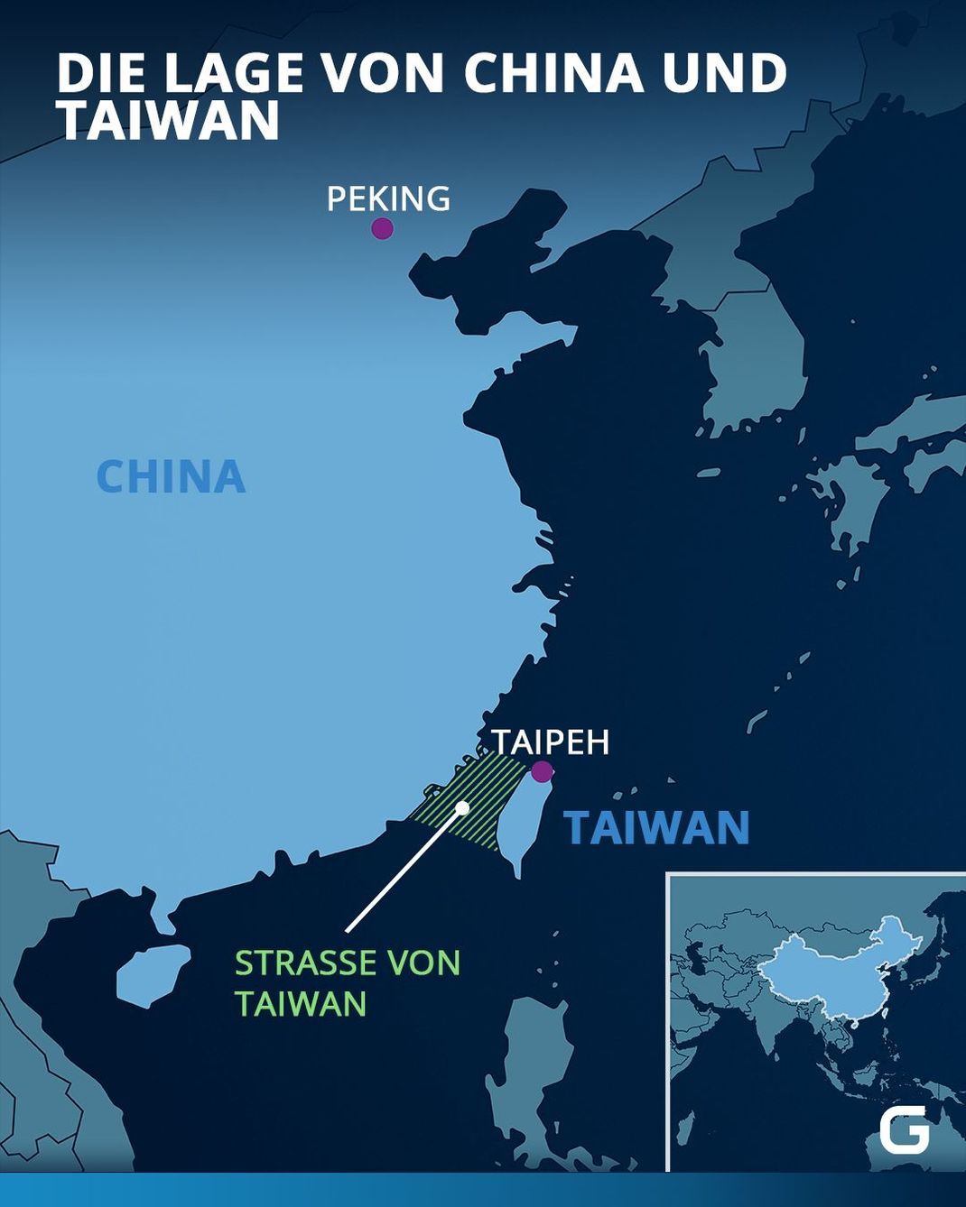 Grafik zeigt die Lage von China und Taiwan.