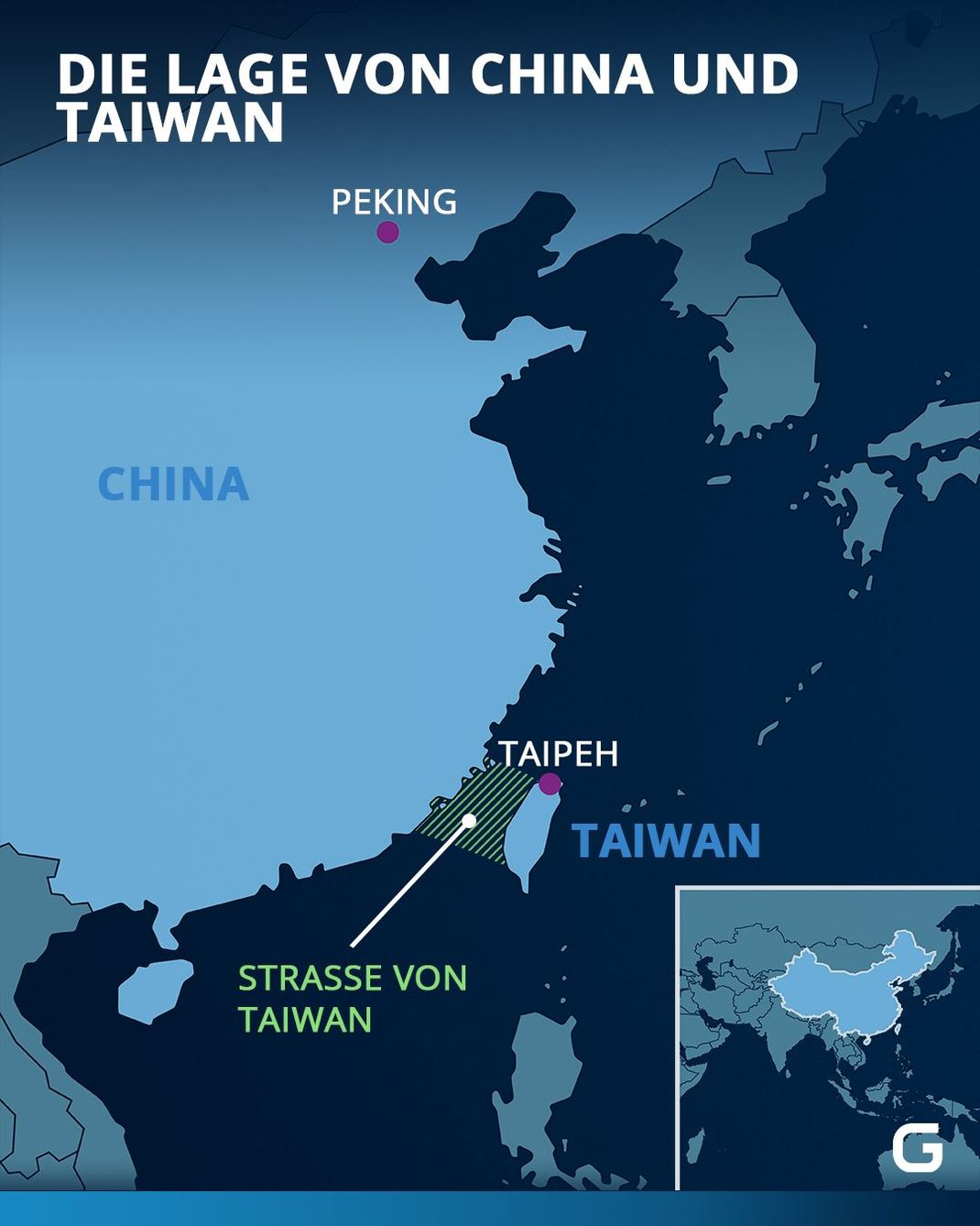 Grafik zeigt die Lage von China und Taiwan.