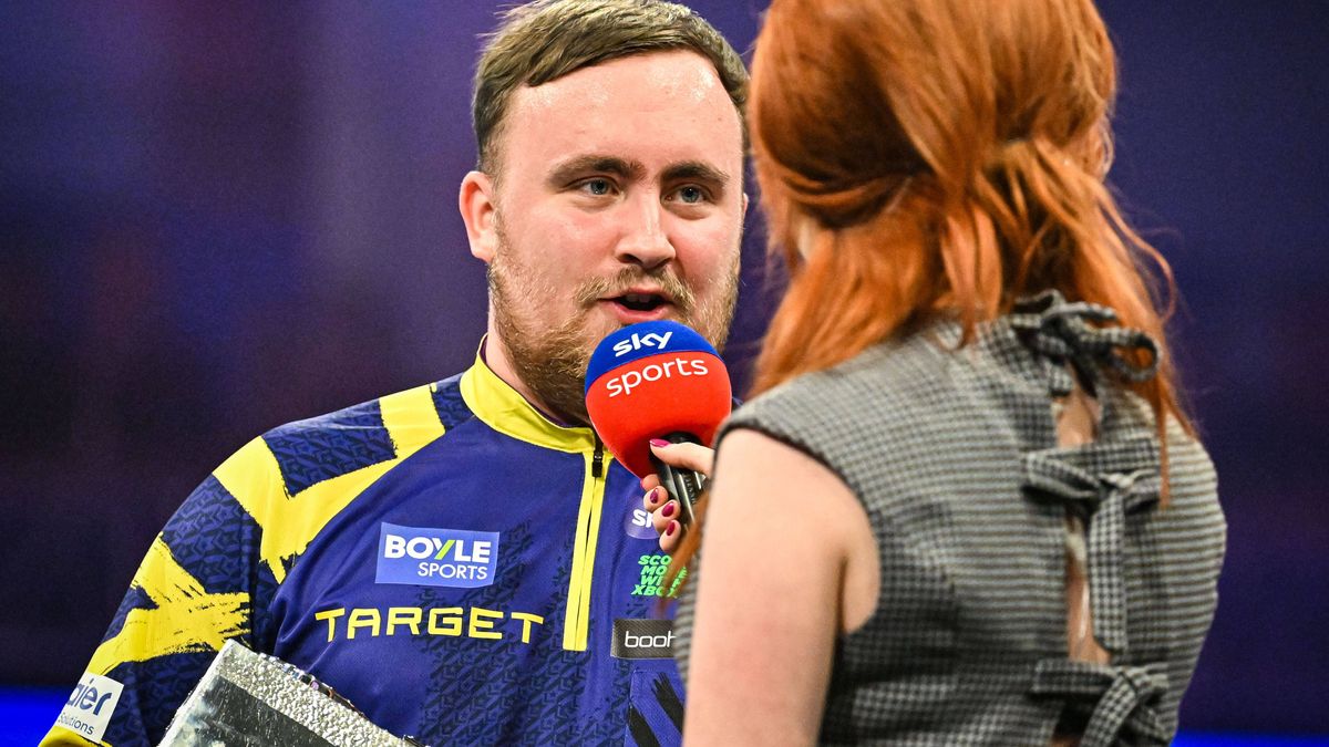 12th October 2025; Mattioli Arena, Leicester Leicestershire, England; 2025 PDC Boyle Sports World Grand Prix Darts Final Night; Luke Littler is interviewed by Abigail Davies for Sky Sports after wi...