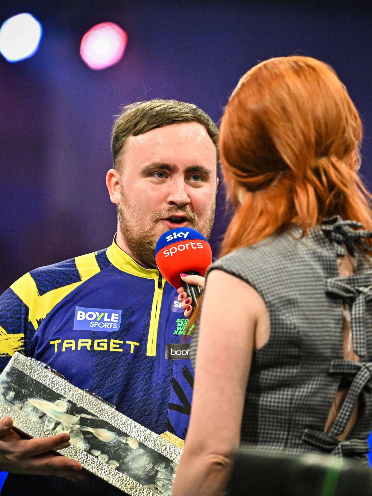 12th October 2025; Mattioli Arena, Leicester Leicestershire, England; 2025 PDC Boyle Sports World Grand Prix Darts Final Night; Luke Littler is interviewed by Abigail Davies for Sky Sports after wi...