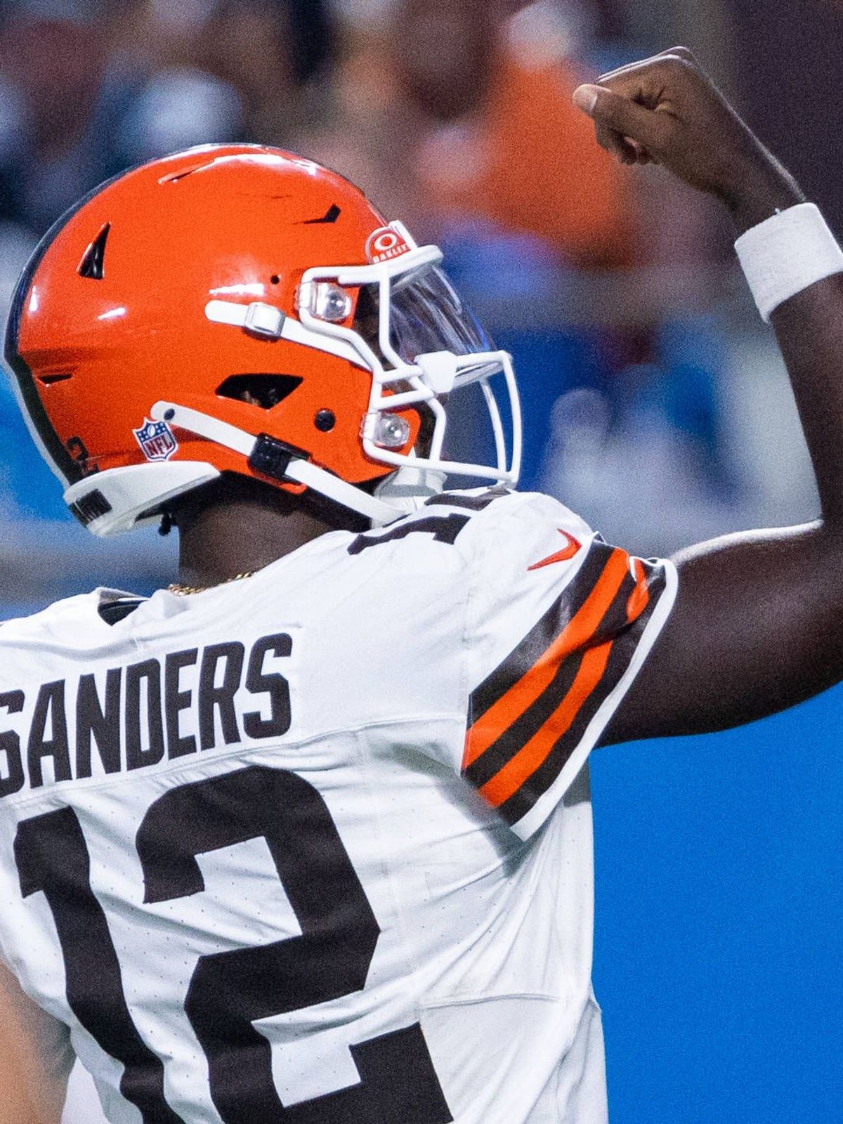 August 8, 2025: Cleveland Browns quarterback Shedeur Sanders (12) celebrates after a touchdown in the second quarter against the Carolina Panthers in the NFL, American Football Herren, USA matchup ...