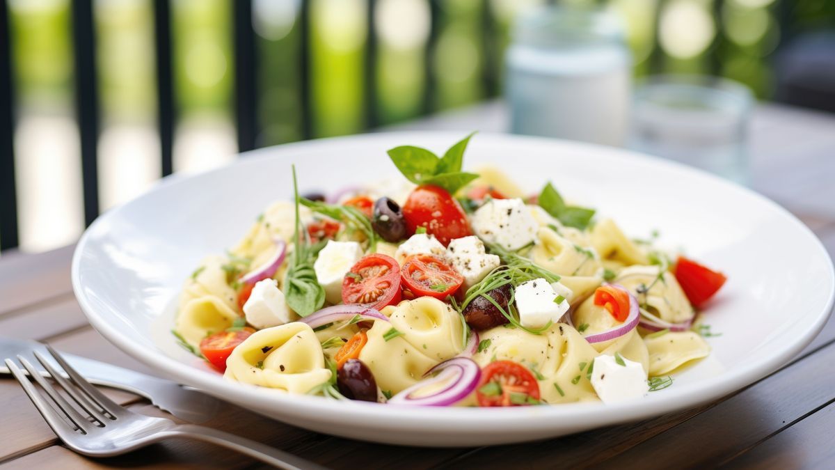 tortellini salad with olives, tomatoes, and feta cheese