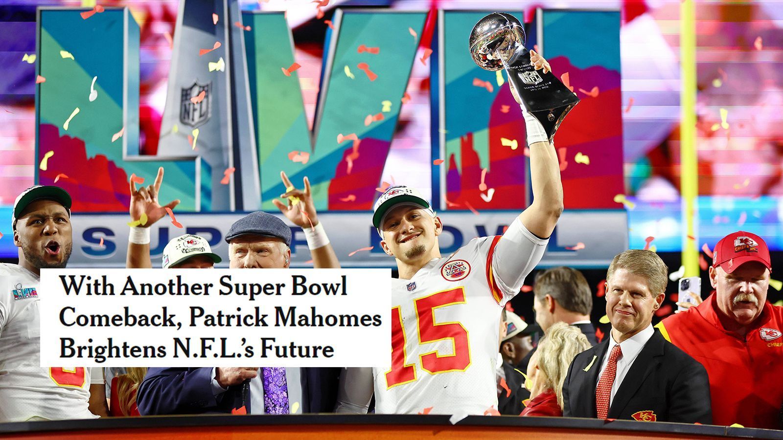 
                <strong>New York Times (USA)</strong><br>
                "Mit einem weiterem Super Bowl-Comeback lässt Patrick Mahomes die Zukunft der NFL rosig aussehen."
              