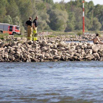 Ein Hubschrauber fliegt über dem Rhein