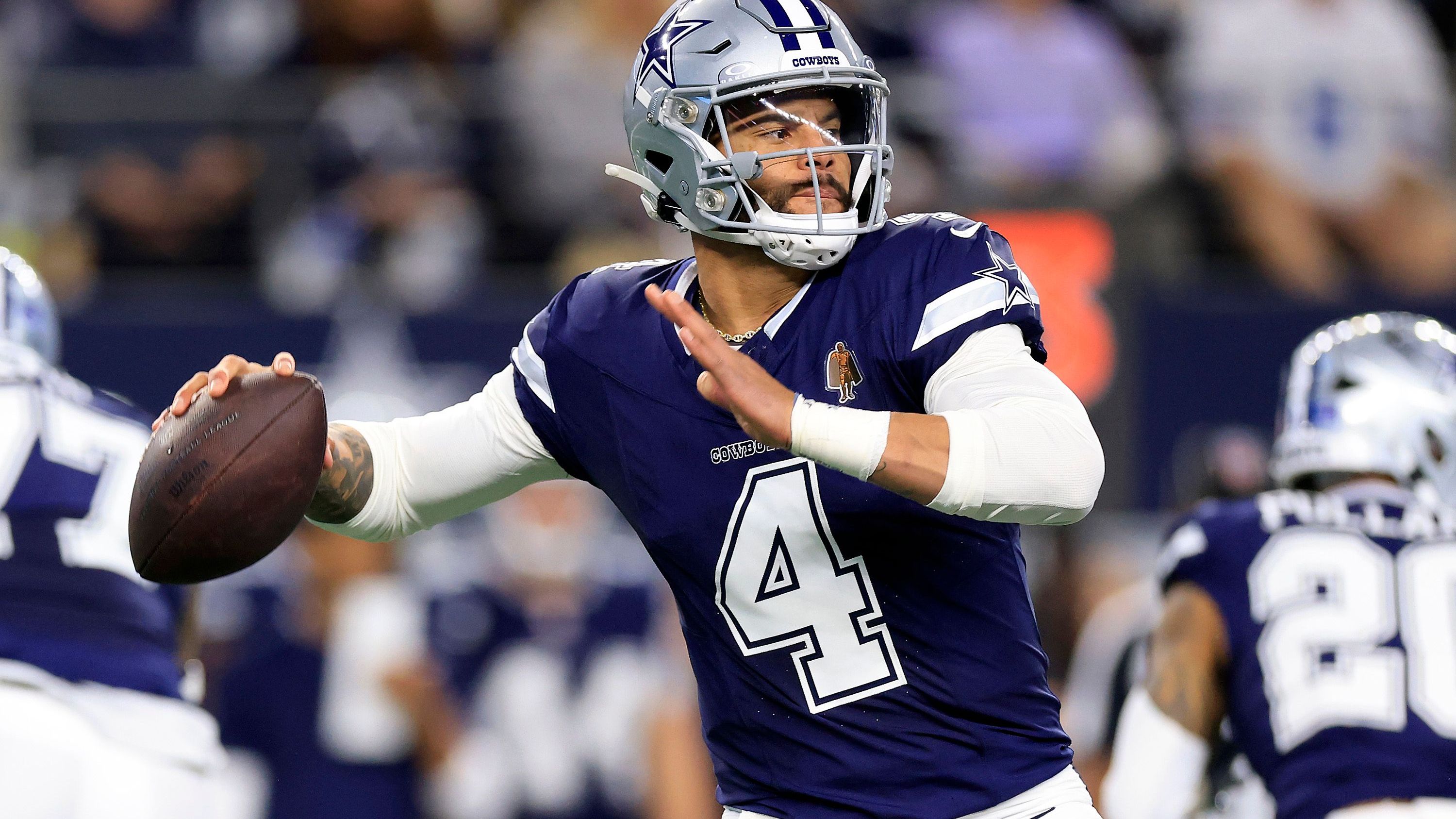 <strong>Dallas Cowboys. sieben Pro Bowler</strong><br>Dak Prescott (Foto, Quarterback)<br>CeeDee Lamb (Wide Receiver)<br>Zack Martin (Guard)<br>Micah Parsons (Outside Linebacker)<br>DaRon Bland (Cornerback)<br>Bryan Anger (Punter)<br>Brandon Aubrey (Placekicker)