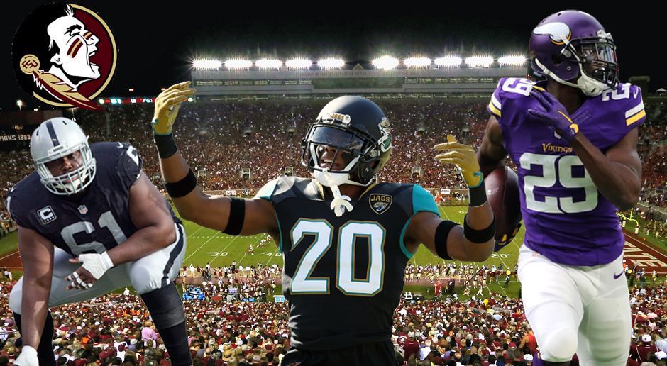 
                <strong>Florida State University (FSU)</strong><br>
                3 Spieler (von links nach rechts):Rodney Hudson, C, Oakland RaidersJalen Ramsey, CB, Jacksonville JaguarsXavier Rhodes, CB, Minnesota Vikings
              