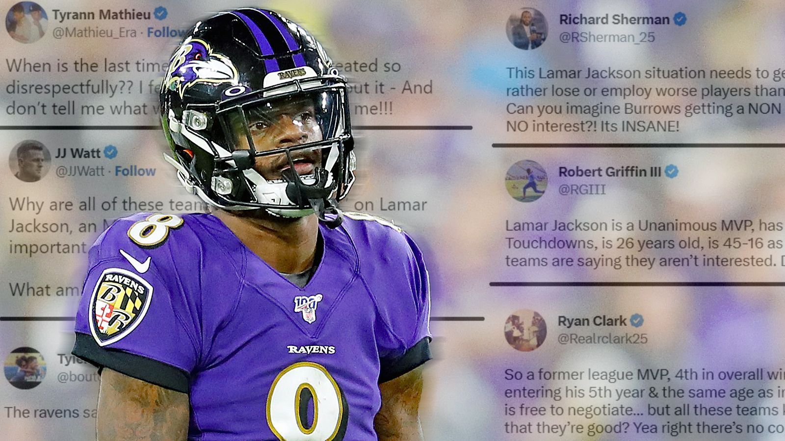<strong>NFL-Stars reagieren auf Situation von Lamar Jackson</strong><br>
                Die Baltimore Ravens haben den "non-exclusive Franchise Tag" auf Lamar Jackson platziert. Bedeutet, dass dieser für 32,41 Millionen US-Dollar ein weiteres Jahr bleibt. Jedoch haben andere Teams die Möglichkeit mit dem NFL-MVP aus 2019 zu verhandeln und ein besseres Angebot zu unterbreiten. Sollte dies passieren, haben die Ravens die Chance, das Angebot auszugleichen. Wenn sie das nicht machen, bekommen sie von dem neuen Team zwei First-Round-Picks und Jackson wechselt. Da einige den Quarterback als einen der besten Spieler sehen und die Top-QBs zwischen 45 und 50 Millionen Dollar im Jahr kassieren, wundert es, dass jetzt bereits fünf Teams Jackson eine Absage erteilt haben. Beziehungsweise Desinteresse. Darunter die Atlanta&nbsp;Falcons, Washington Commanders, Carolina Panthers, Miami Dolphins und Las Vegas Raiders. Einige NFL-Experten und Spieler stößt dieser Verlauf sauer auf. So lassen sie im Netz ihren Unmut freien Lauf. So postet ...
