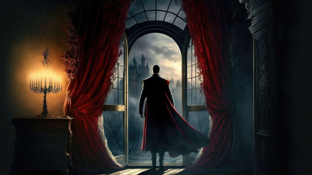 AI-generiertes Bild eines gruseligen Vampirs, der das Schlafzimmer eines seiner Opfer betritt. Graf Dracula.