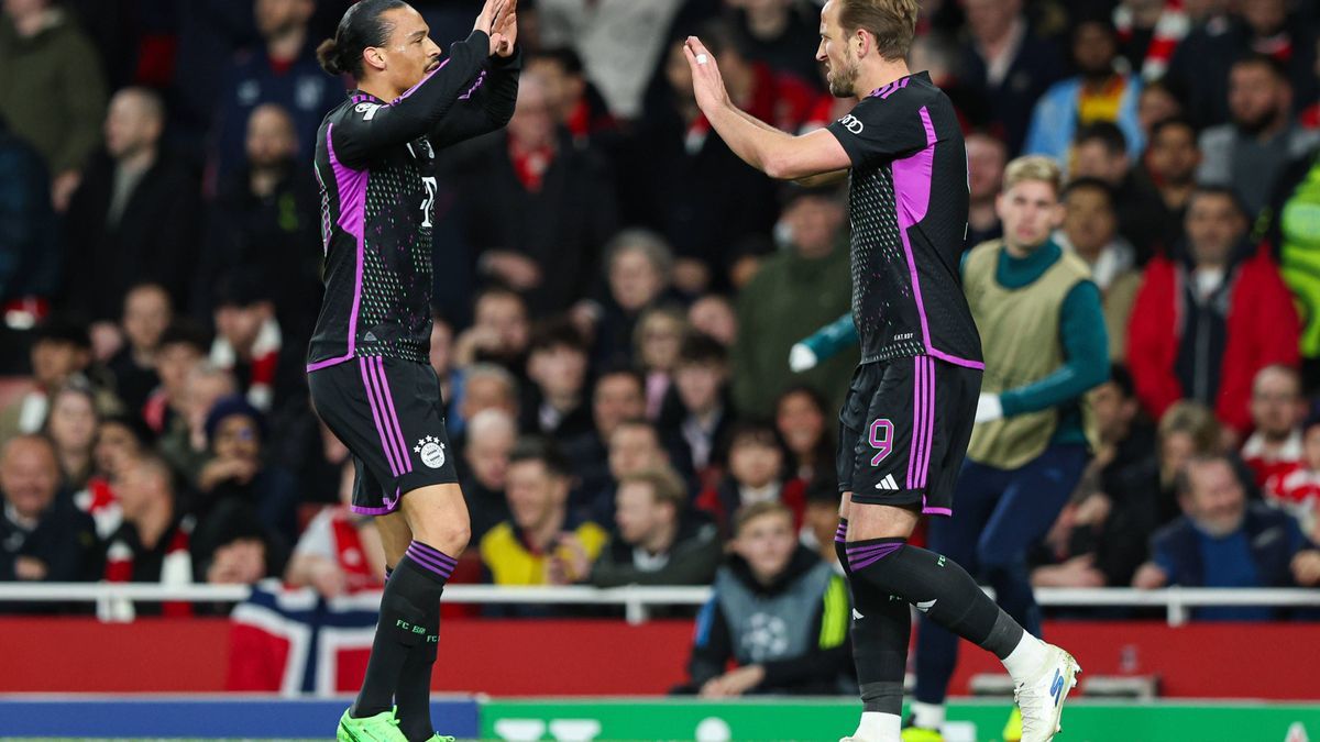 London, England, 9th April 2024. Harry Kane of Bayern Munich (right) celebrates scoring their side s second goal of the game with Leroy Sane of Bayern Munich (left) during the UEFA Champions League...