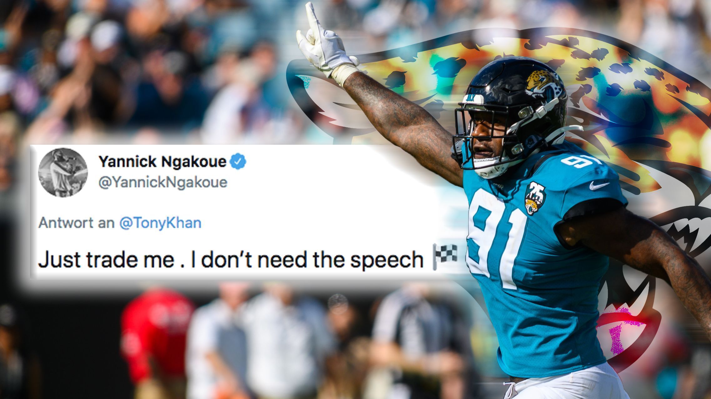 
                <strong>Yannick Ngakoue liefert sich Twitter-Beef mit Sohn von Jaguars-Besitzer</strong><br>
                Der Defensive End antwortete ermüdet: "Traden Sie mich einfach und ersparen Sie mir die Rede." Mit dem Zielflaggen-Emoji dahinter.
              