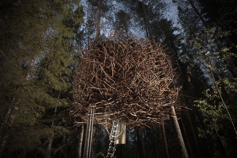 Baumhaus oder überdimensionales Vogelnest? Beides! "Birdsnest" hängt in einem schwedischen Wald und sieht im Inneren übrigens ganz aufgeräumt aus.