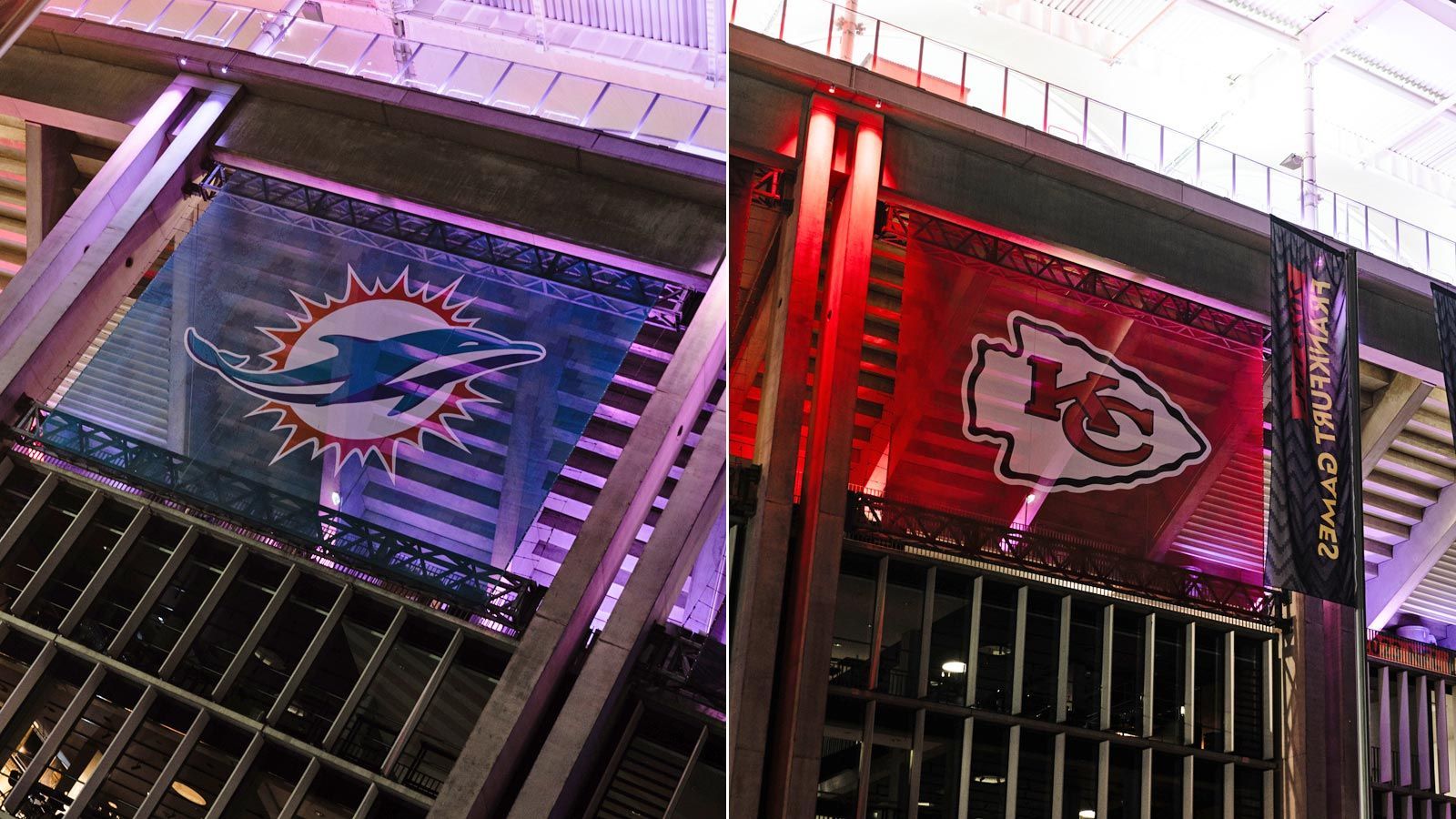 <strong>NFL in Frankfurt: So wird aus dem Eintracht-Stadion ein NFL-Tempel</strong><br>Statt des Eintracht-Logos dominieren jetzt die Miami Dolphins und die Kansas City Chiefs die Fassade am Stadion.