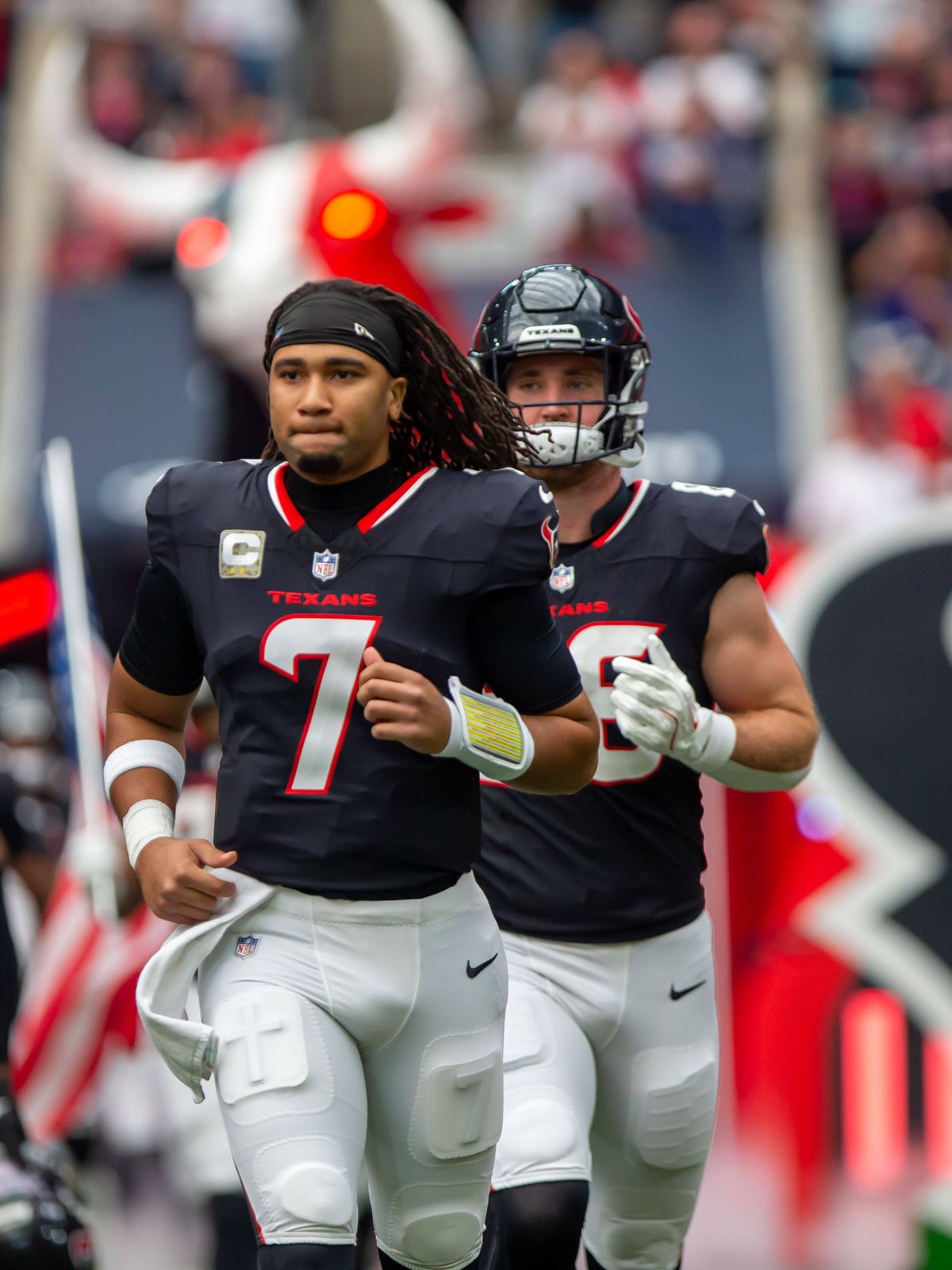 November 24, 2024, Cypress, Texas, USA: Texans quarterback CJ STROUD (7) runs out the tunnel before the Houston Texans and Tennessee Titans game at NRG Stadium in Houston. Cypress USA - ZUMAg261 20...