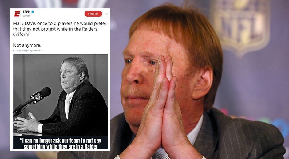 
                <strong>Mark Davis (Owner Oakland Raiders)</strong><br>
                Vor der Trump-Aussage war Raiders-Owner Mark Davis nicht davon begeistert, wenn seine Spieler sich dem Hymnen-Protest anschlossen. Diese Einstellung hat sich nun geändert: "Ich kann von meinem Team nicht länger verlangen, nichts zu sagen, während sie eine Raiders-Uniform tragen. Das einzige, das ich von ihnen verlangen kann, ist, dass sie es mit klasse machen", so Davis.
              