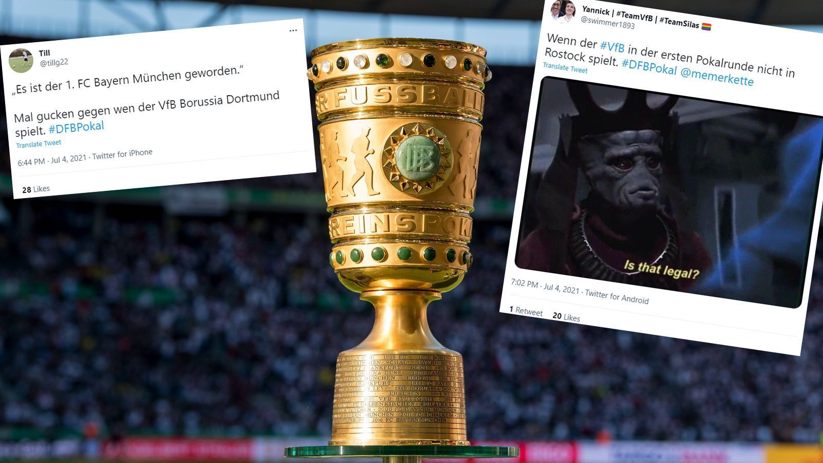 
                <strong>Die Netzreaktionen zur Pokalauslosung</strong><br>
                Die Erstrundenpartien für den DFB-Pokal 2021/22 stehen fest. Während ein Versprecher ausgerechnet beim Namen des Rekordmeisters im Netz für Belustigung sorgt, feiern Stuttgart und Rostock das Ende ihres Fluchs. Die Netzreaktionen zur Auslosung.
              