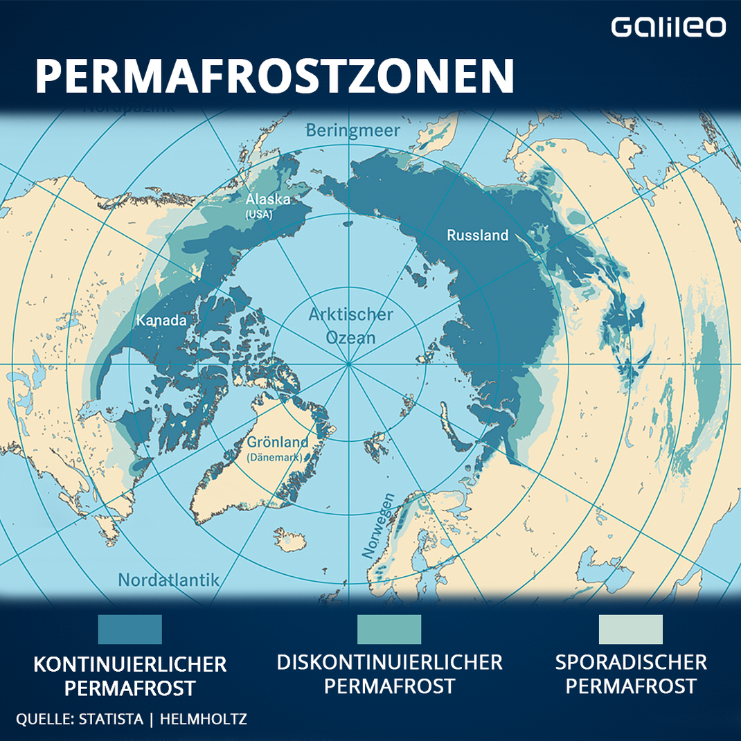 Permafrost kommt in verschiedenen Teilen unserer Erde vor. Wo genau, erfährst du in der Grafik. (Quelle: Helmholtz-Gemeinschaft/ Brown et al., International Permafrost Association)