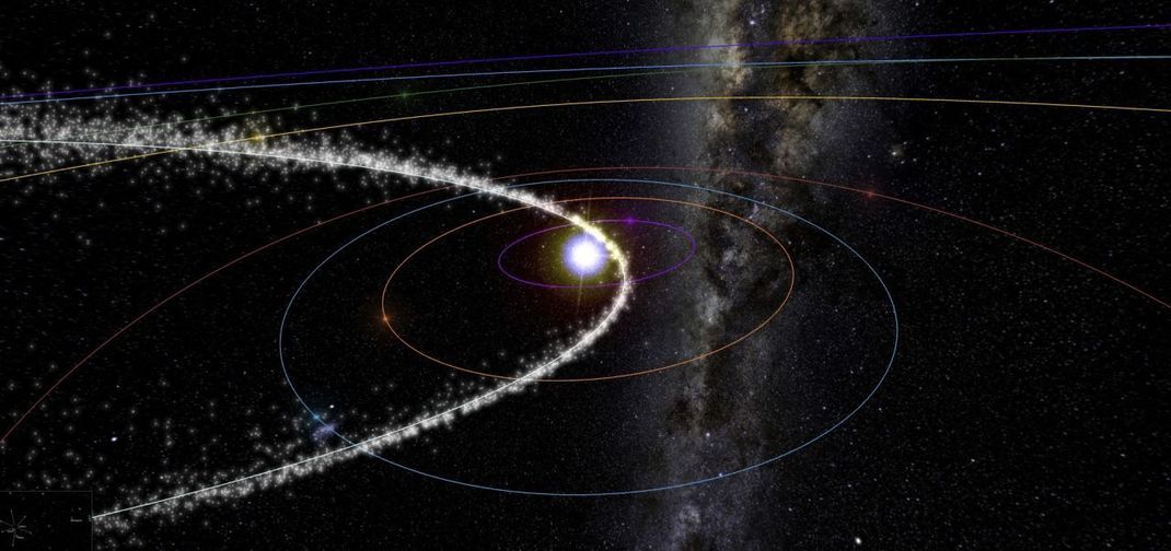 Jedes Jahr fliegt die Erde in ein Staubfeld, das der Asteroid "3200 Phaethon" hinterlassen hat. In der Illustration beginnt die Erde (blauer Punkt auf blauer Umlaufbahn), diese Spur zu kreuzen. 