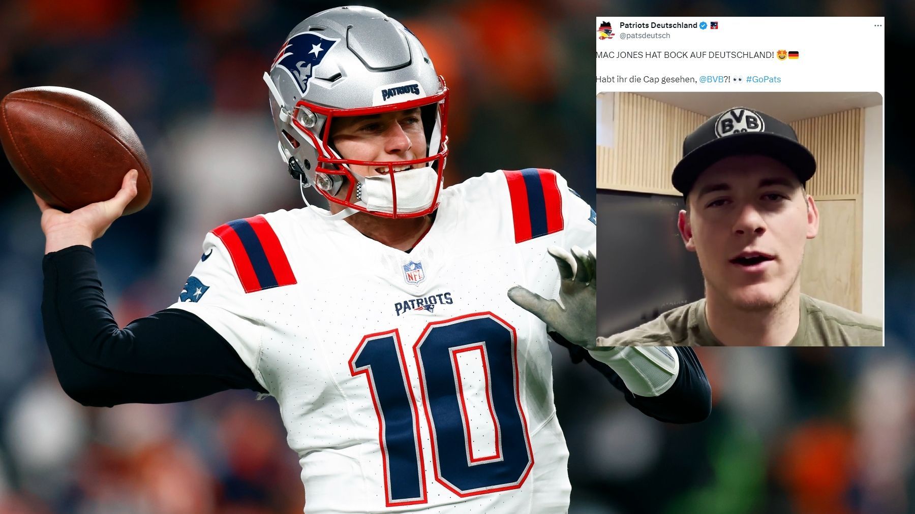 <strong>Mac Jones</strong><br>Der Quarterback spielte mit den New England Patriots in der vergangenen Saison in Frankfurt. Vor dem Spiel im November 2023 gegen die Colts richtete er eine Botschaft an seine Fans in Deutschland. Die Anzahl derer dürfte vor allem in Dortmund nach diesem Video gestiegen sein. Ab 2024 spielt Jones für die Jacksonville Jaguars.