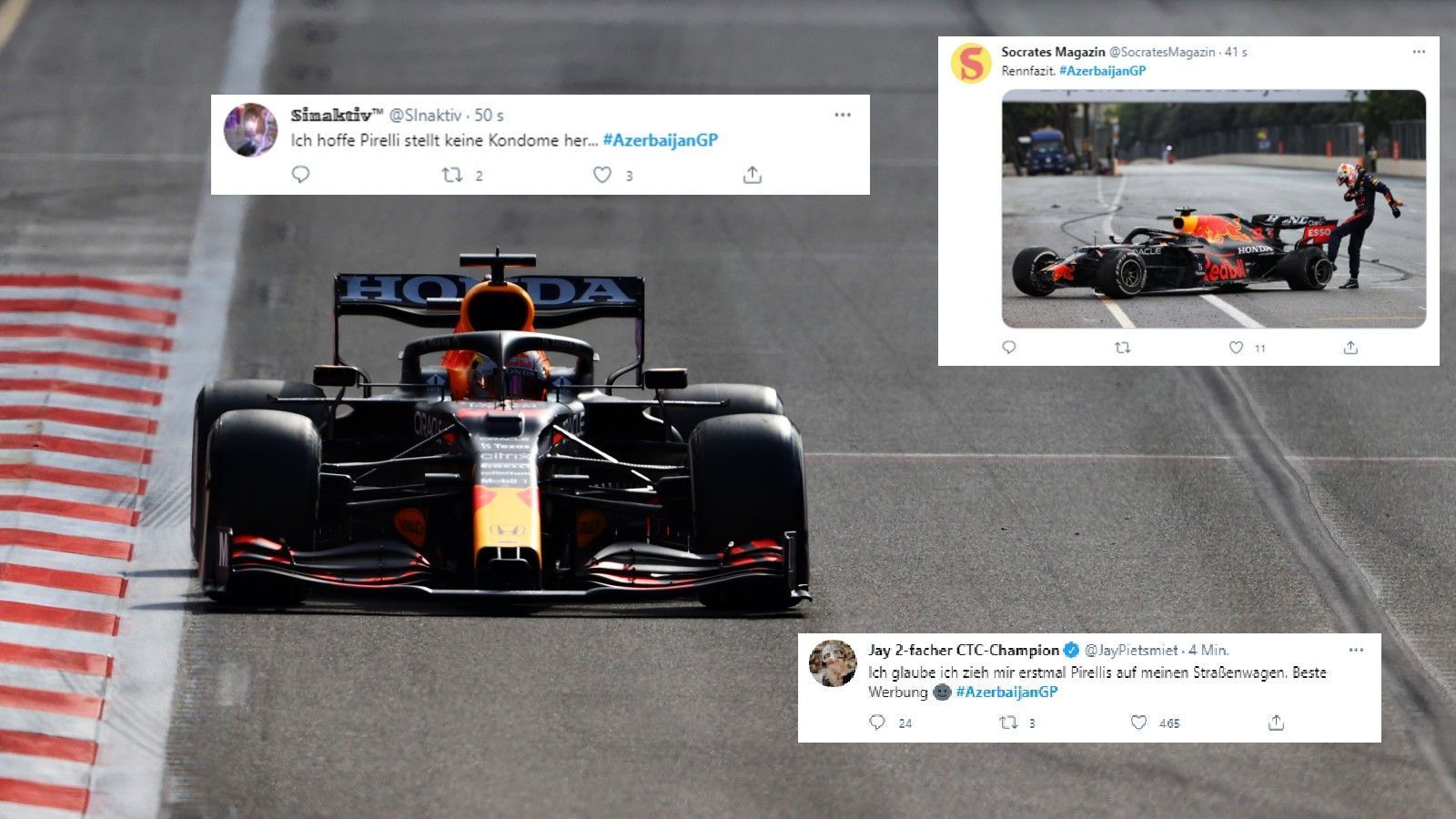 
                <strong>Pirelli kein Kondomhersteller?</strong><br>
                Und es wurde noch schlimmer. Auch bei Max Verstappen platzt bei hoher Geschwindigkeit ein Reifen, auch er schlägt in die Mauer ein. Manch ein User hofft sogar, dass Pirelli keine Kondome herstellt.
              