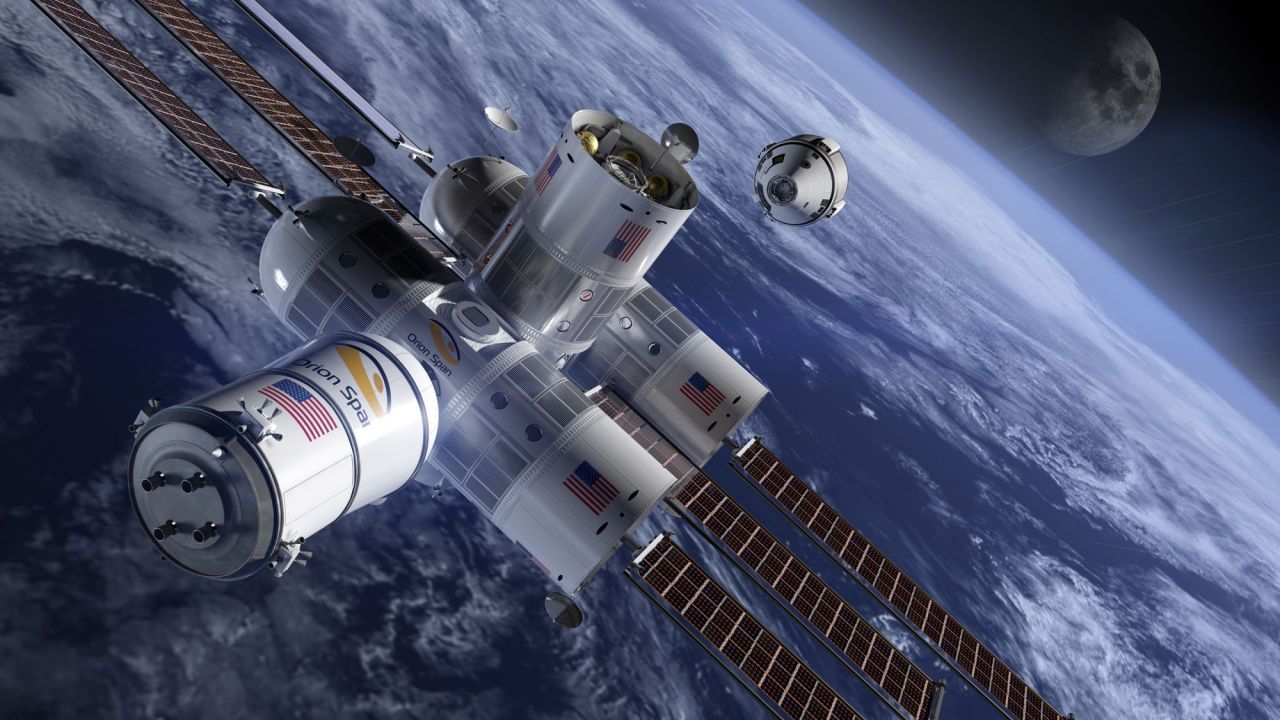 Auch die Firma Orion Span hat seinen Betrieb eingestellt. Ursprünglich sollten einmal Luxus-Astros in seinem Aurora-Raumhotel (hier mit eintreffenden Orion-Raumschiff der NASA) bis zu 12 Tage Urlaub machen.