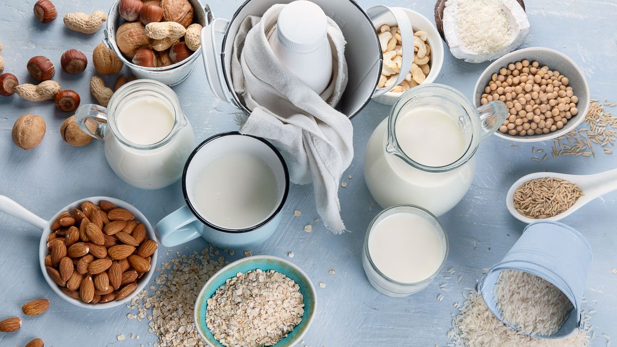 Various vegan plant based milk and ingredients.