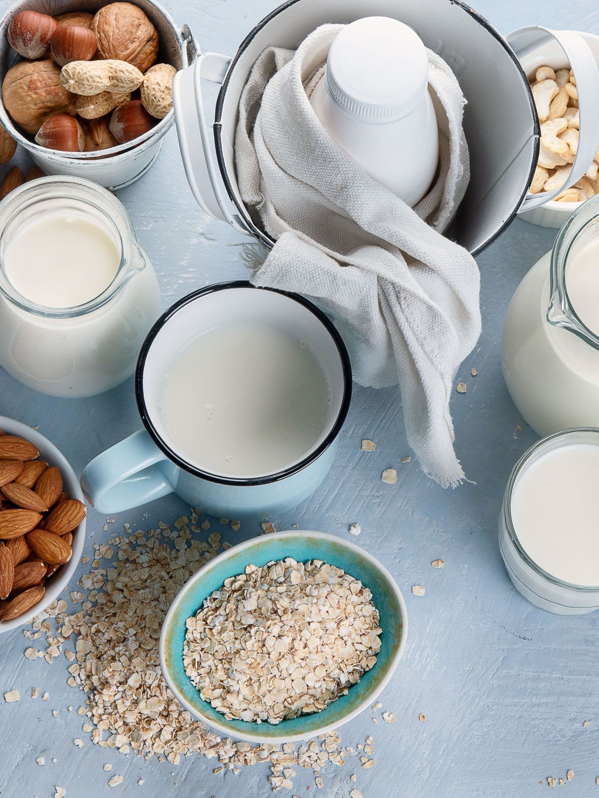 Various vegan plant based milk and ingredients.