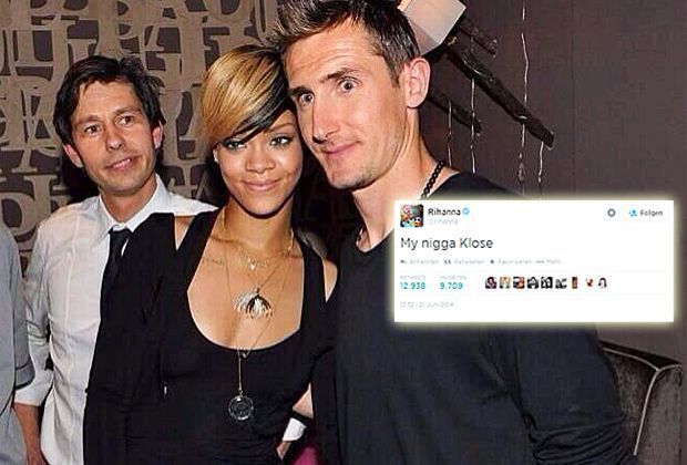 
                <strong>Rihanna und Miroslav Klose</strong><br>
                Ein Treffen mit Nachwirkung: Pop-Star Rihanna verfolgt offenbar die Spiele von Miroslav Klose. Kurz nach dem Treffer des Stürmers zum 2:2 gegen Ghana twittert die Sängerin: "My nigga Klose" - ein Gruß an ihren "Kumpel", aus gutem Grund...
              