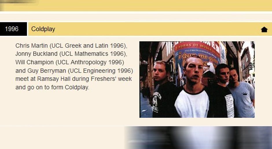 
                <strong>Gründung von Coldplay</strong><br>
                Chris Martin, Guy Berryman, Jonny Buckland, Will Champion - diesen Jungs jubelt heute noch die halbe Welt zu. Besser bekannt sind die vier als "Coldplay". Und 1996 war natürlich das Jahr, als die Jungs ihre Band gründeten.
              