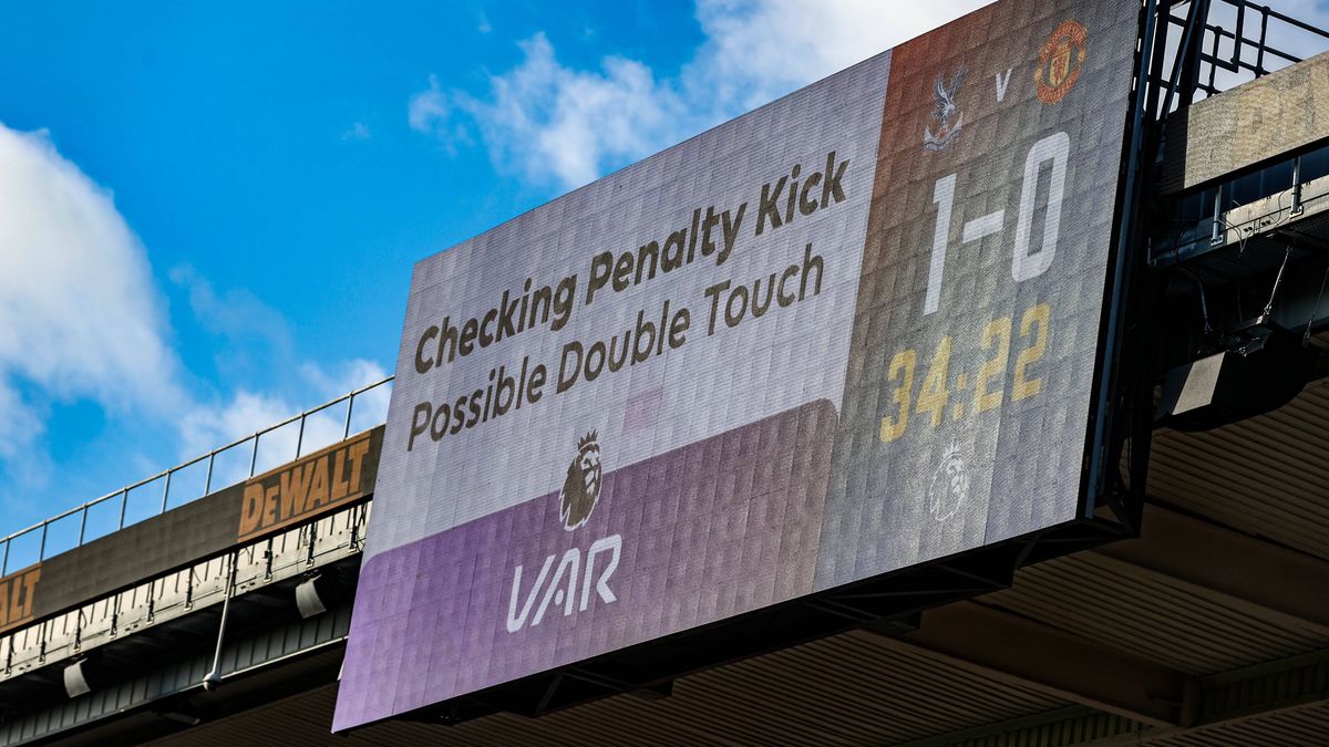 Premier League Crystal Palace v Manchester United, ManU VAR check for a possible double touch from a penalty from Jean-Philippe Mateta of Crystal Palace during the Premier League match Crystal Pala...