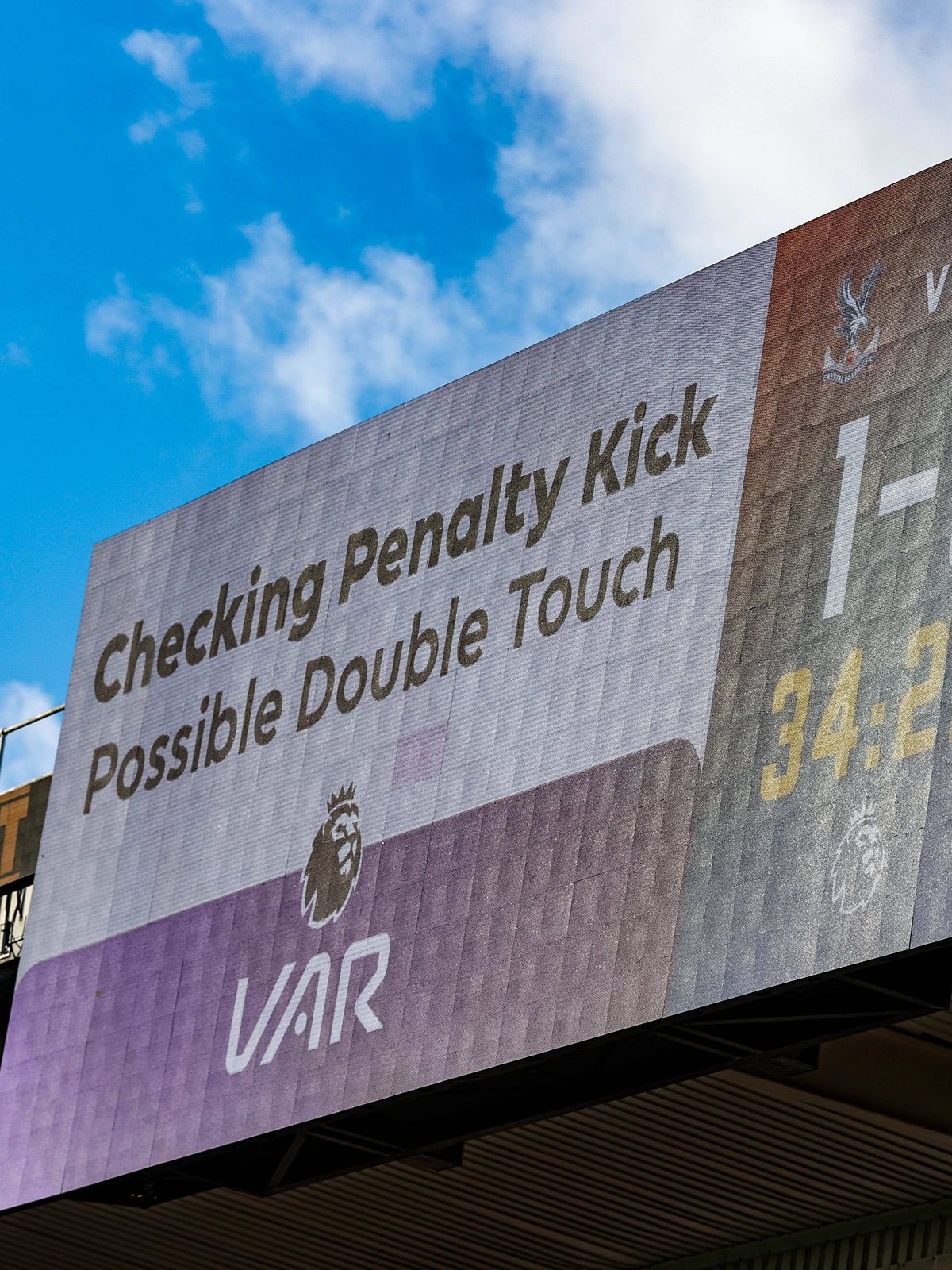 Premier League Crystal Palace v Manchester United, ManU VAR check for a possible double touch from a penalty from Jean-Philippe Mateta of Crystal Palace during the Premier League match Crystal Pala...